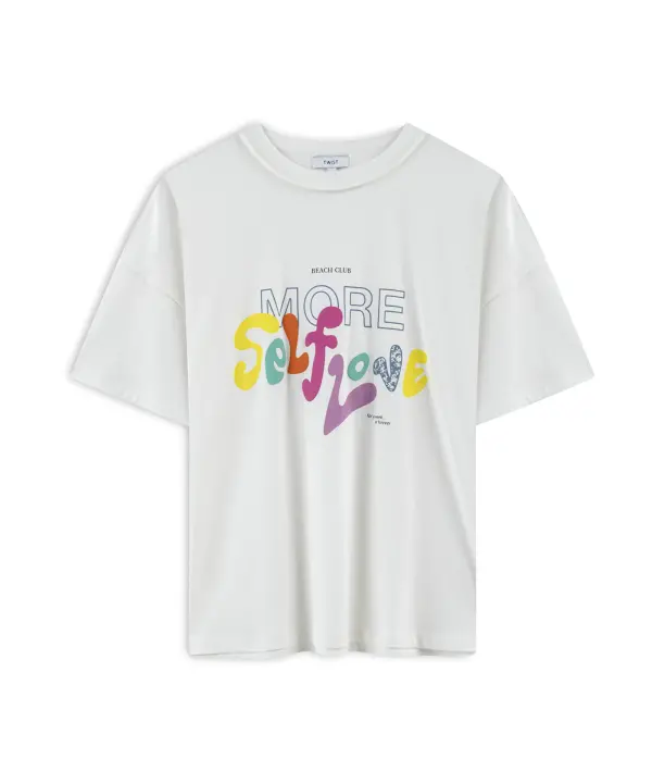 Kadın Slogan Desen Oversize T-Shirt - Ekru - 6