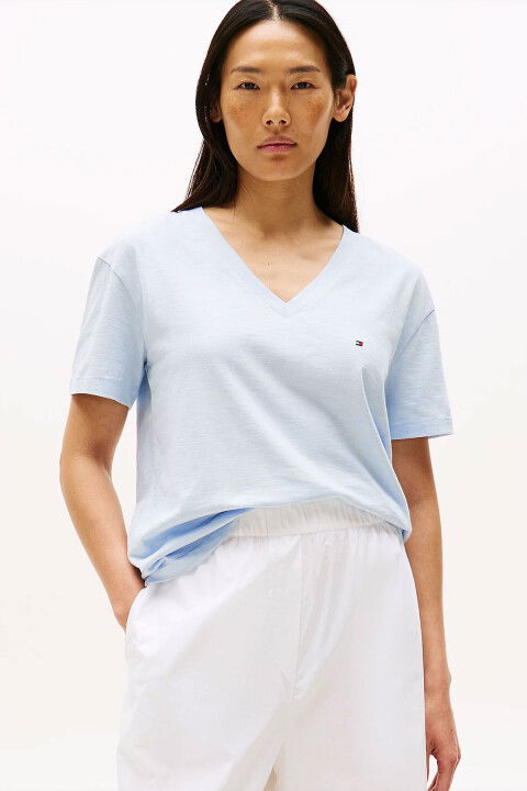 Kadın Slub Crop V-Yaka Kısa Kol T-Shirt - Açık Mavi - Tommy Hilfiger