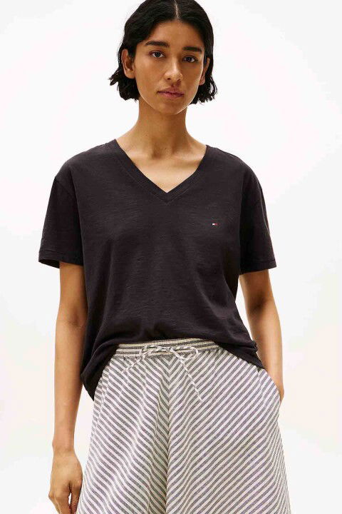 Kadın Slub Crop V-Yaka Kısa Kol T-Shirt - Siyah - Tommy Hilfiger