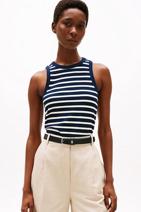 Kadın Th Ribbed Kolsuz Çizgili T-Shirt - Lacivert - Tommy Hilfiger