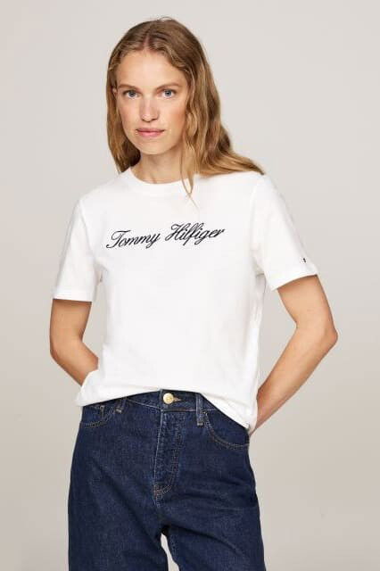 Kadın Th Script Logo Regular T-Shirt - Ekru - Tommy Hilfiger