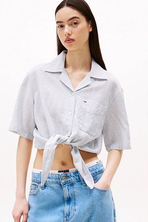 Kadın Tjw Crop Linen Gömlek - Mavi - Tommy Hilfiger