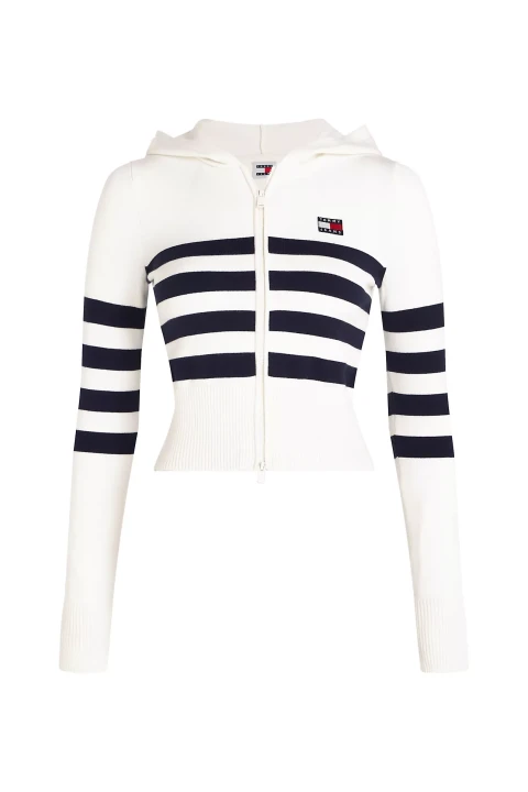 Kadın TJW STRIPE ZIP THRU BADGE HOOD Triko Hırka-Beyaz - 1