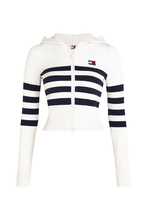 Kadın TJW STRIPE ZIP THRU BADGE HOOD Triko Hırka-Beyaz - Tommy Hilfiger