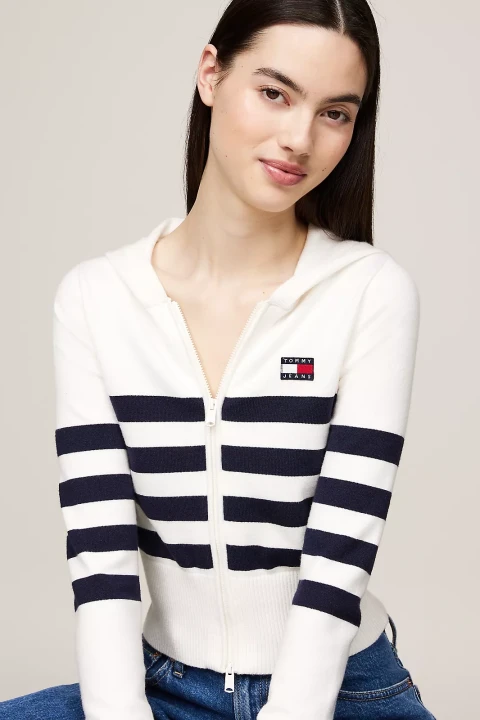 Kadın TJW STRIPE ZIP THRU BADGE HOOD Triko Hırka-Beyaz - 4