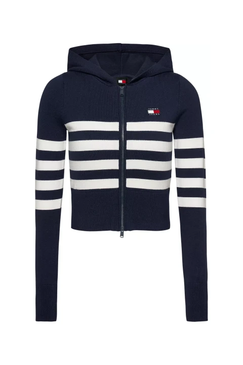 Kadın TJW STRIPE ZIP THRU BADGE HOOD Triko Hırka-Lacivert - 1