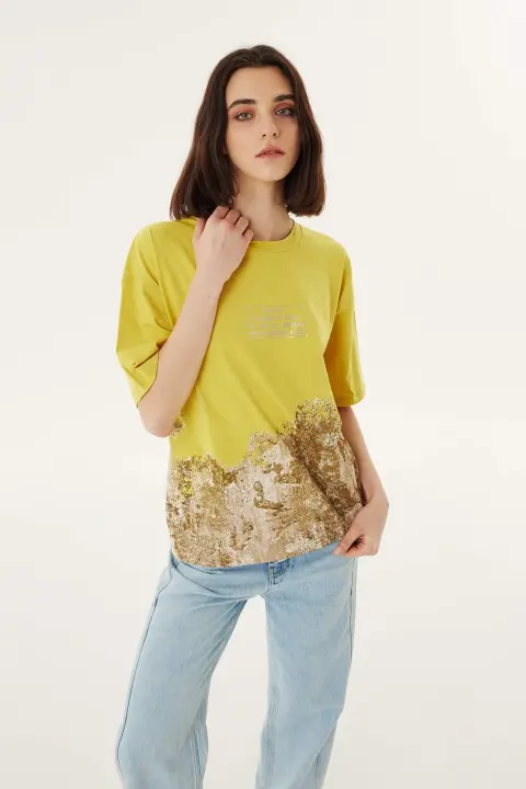 Kadın Baskılı Oversize T-Shirt - Safran - 1