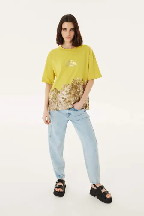 Kadın Baskılı Oversize T-Shirt - Safran - 2