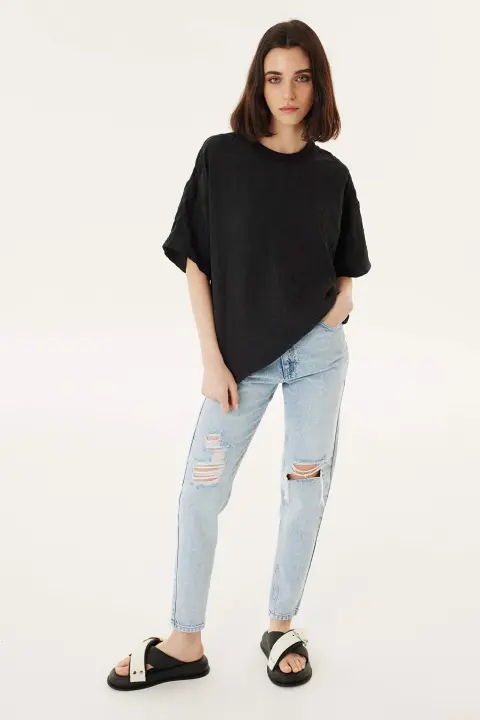 Kadın Twist Dokulu Oversize Bluz - Siyah - 2