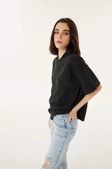 Kadın Twist Dokulu Oversize Bluz - Siyah - 3