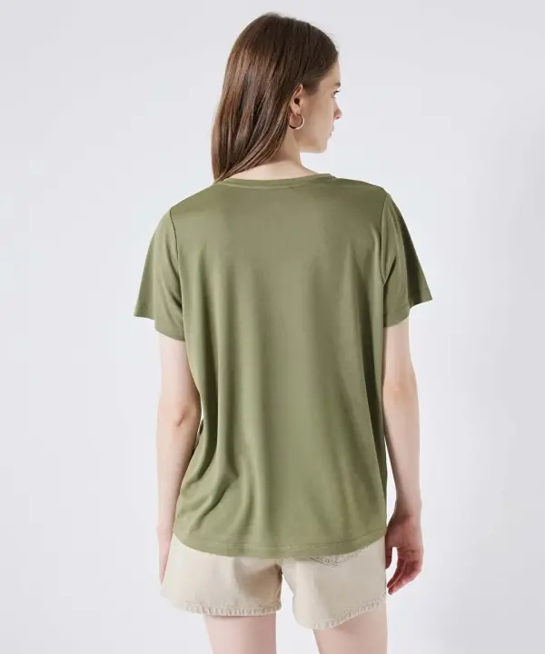 Kadın V Yaka Basic T-Shirt - Haki - 4