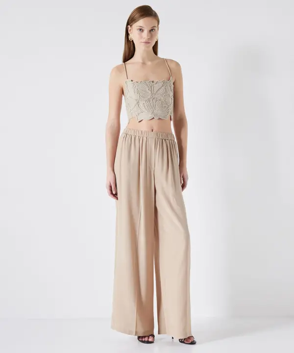 Kadın Wide Leg Fit Pantolon-Naturel - 1