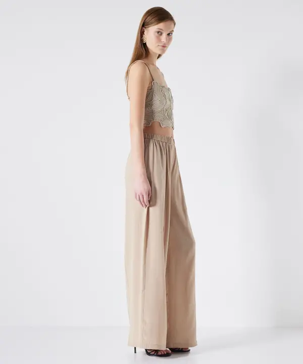 Kadın Wide Leg Fit Pantolon-Naturel - 2