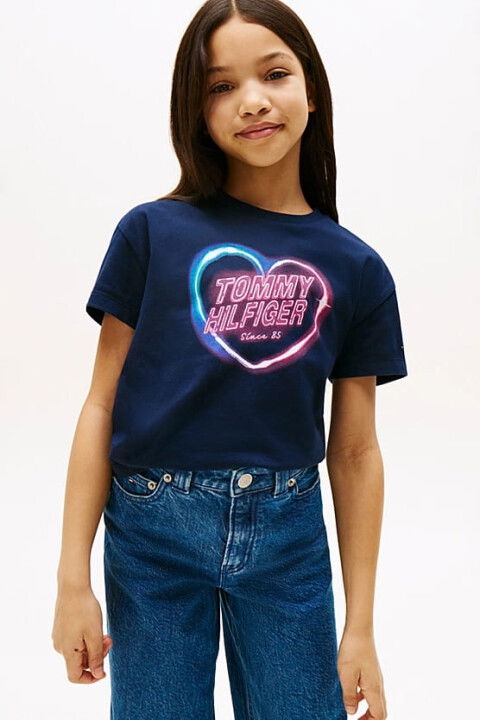 Kız Çocuk Kalp Baskılı Relax Fit T-Shirt – Lacivert - Tommy Hilfiger