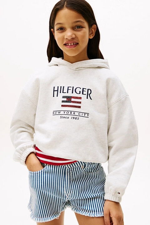 Kız Çocuk Th Sequin Bayrak Kapüşonlu Sweatshirt - Beyaz - Tommy Hilfiger