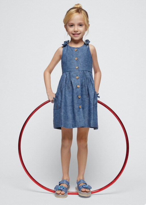 Kız Çocuk Düğmeli Elbise-Mavi - MAYORAL