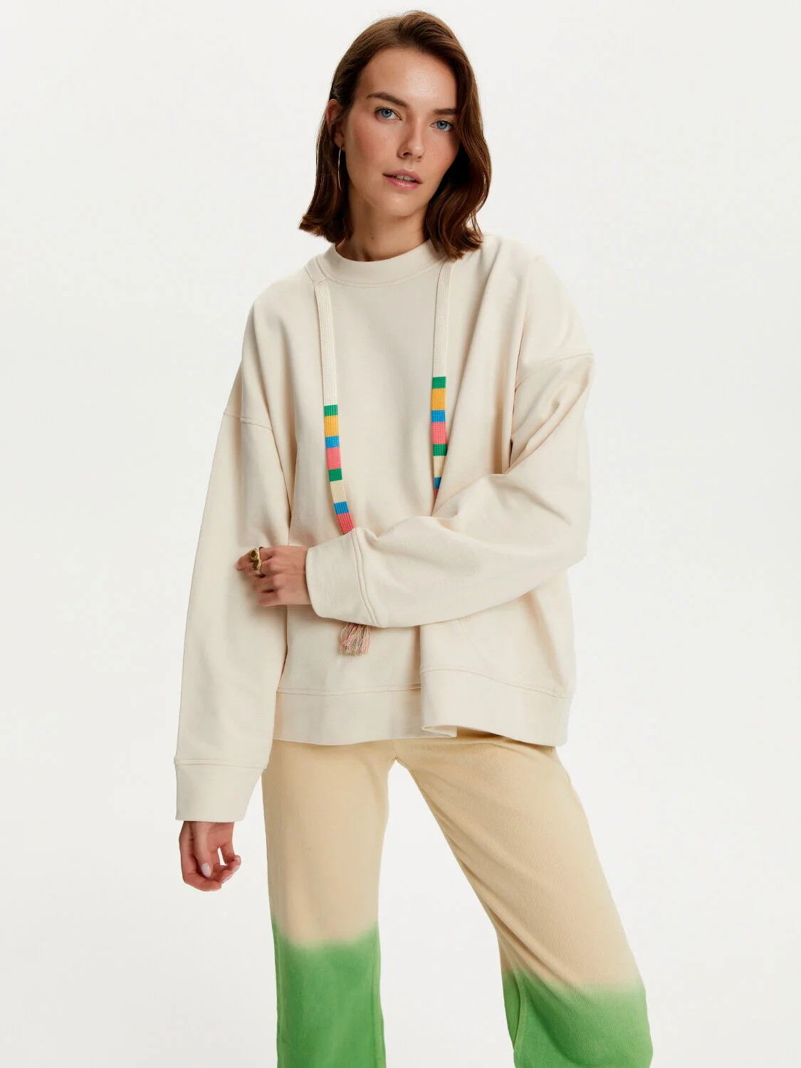 Kadın Oversize Renkli Bağcıklı Sweatshirt-Bej - 3