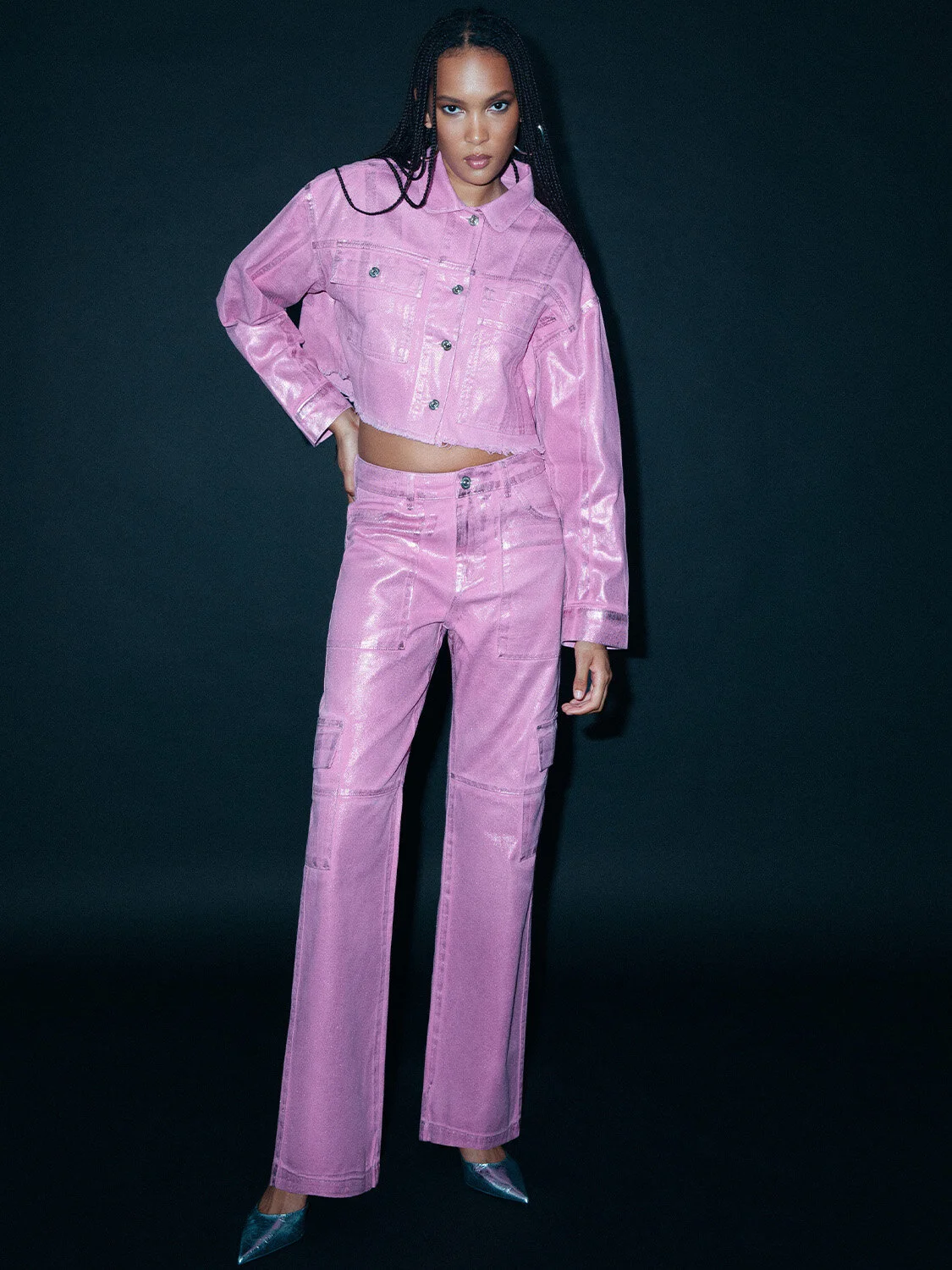 Metalik Denim Pantolon-Pembe - 1