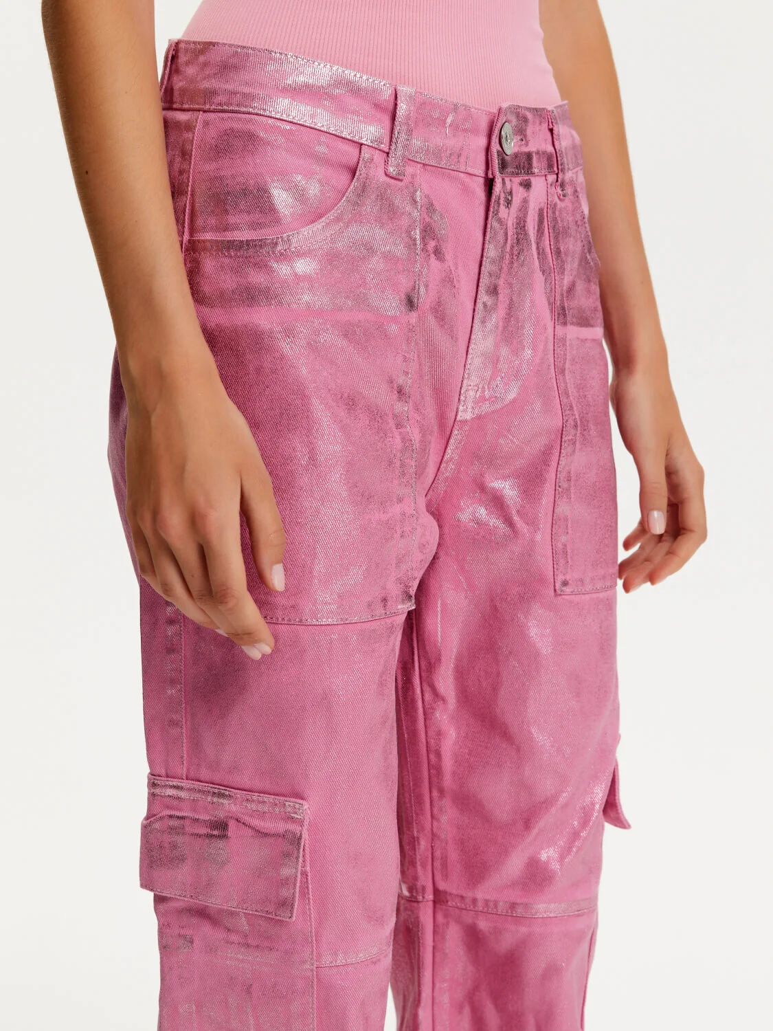 Metalik Denim Pantolon-Pembe - 2