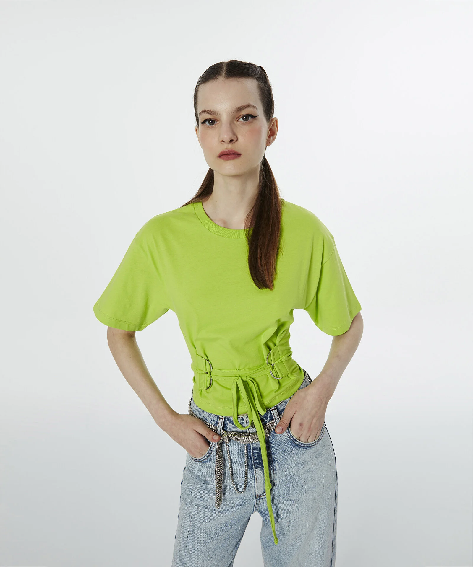 KADIN BAĞLAMALI CROP T-SHIRT-LİME - 1