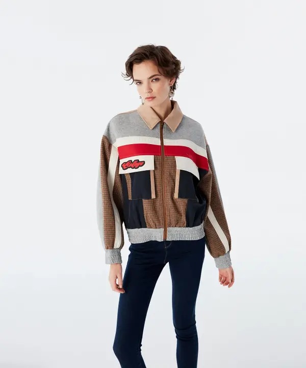 Kadın Colorblock Bomber Mont-Natural - 1