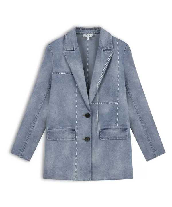 Kadın Kontrast Dikişli Jean Blazer Ceket-Mavi - 6