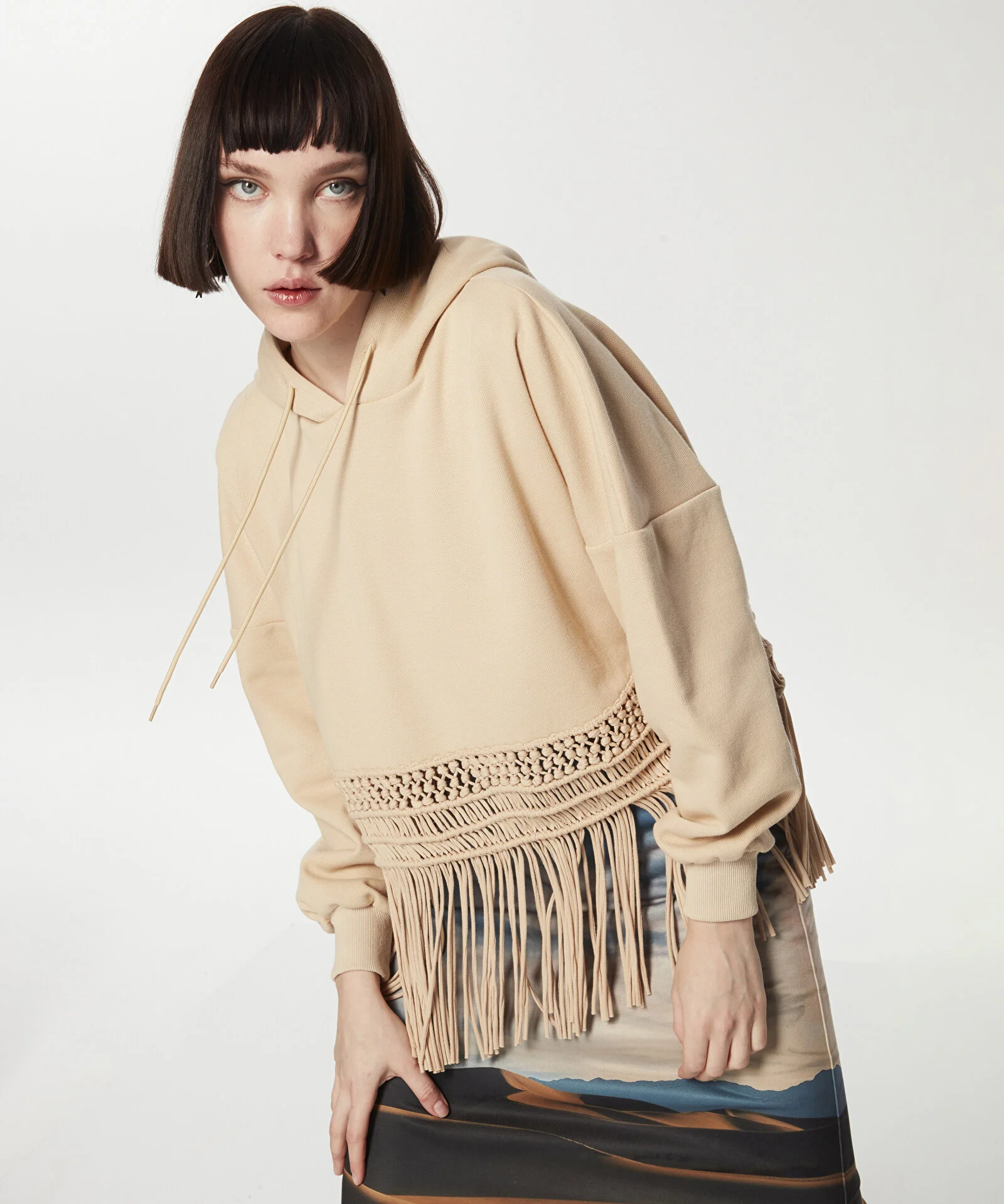 MAKROME DETAYLI OVERSIZE SWEATSHIRT-KREM - 1