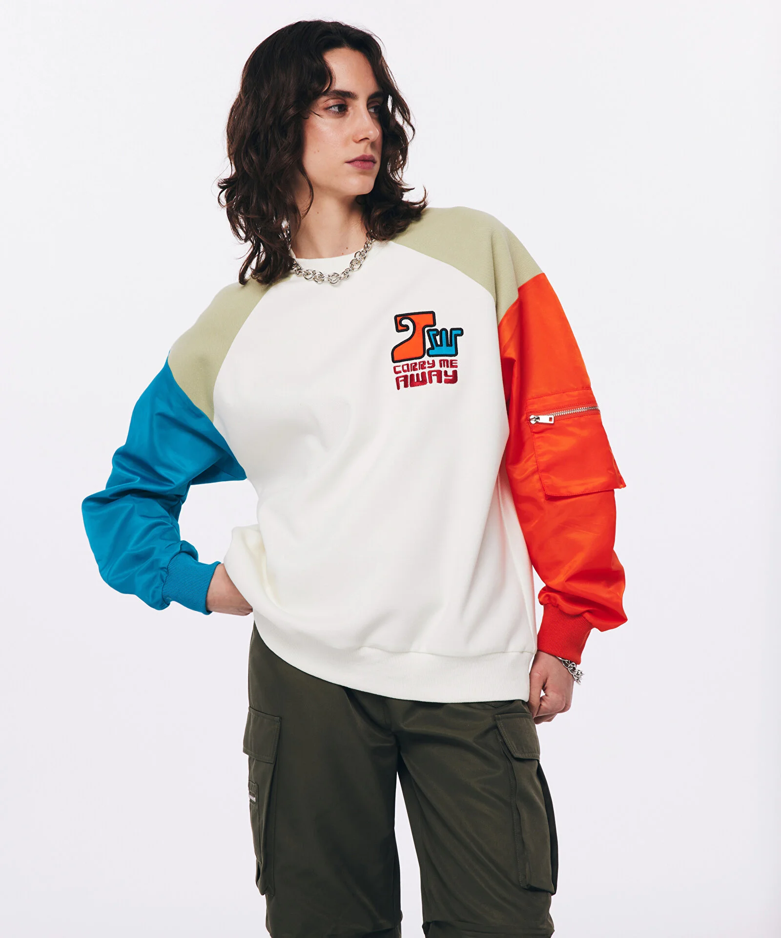 TEKNİK KUMAŞ MIX SWEATSHIRT-KREM - 2