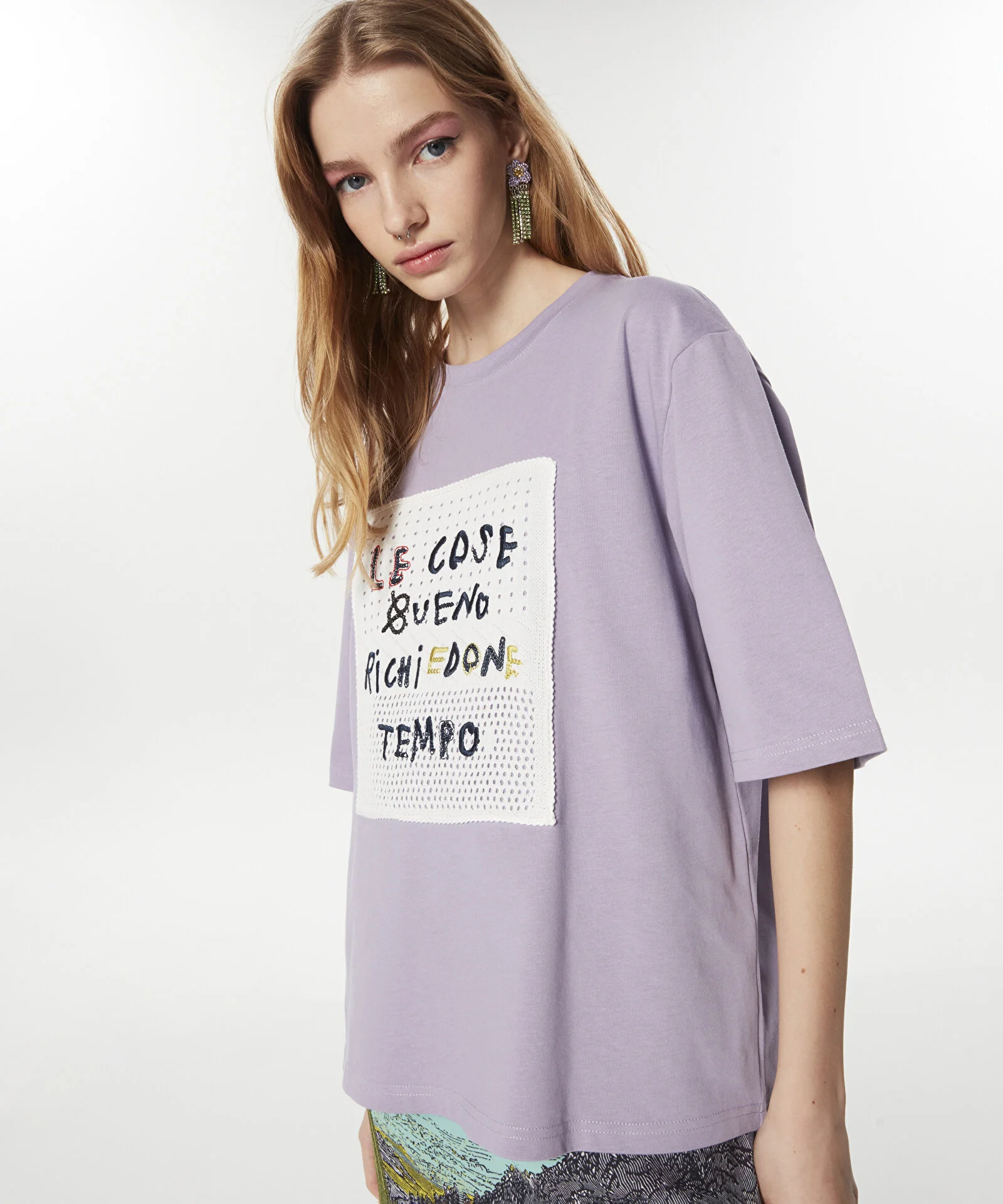 TRİKO APLİKELİ OVERSIZE T-SHIRT-LİLA - 4