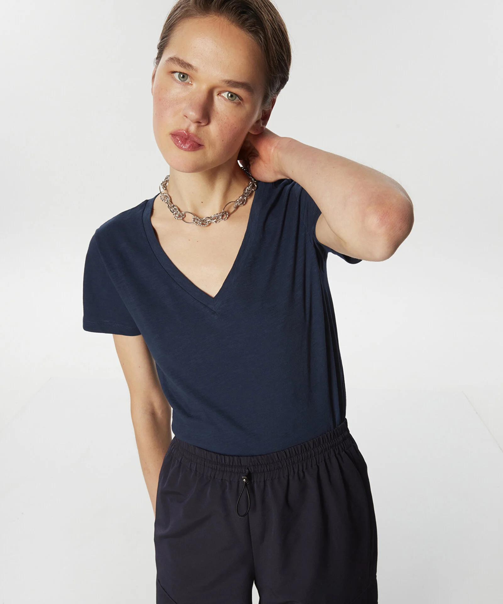 V YAKA BASIC T-SHIRT-LACİVERT - 1